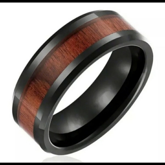New Mens Black Titanium Black Walnut Wood Inlaid Band Ring. - Picture 3 of 7